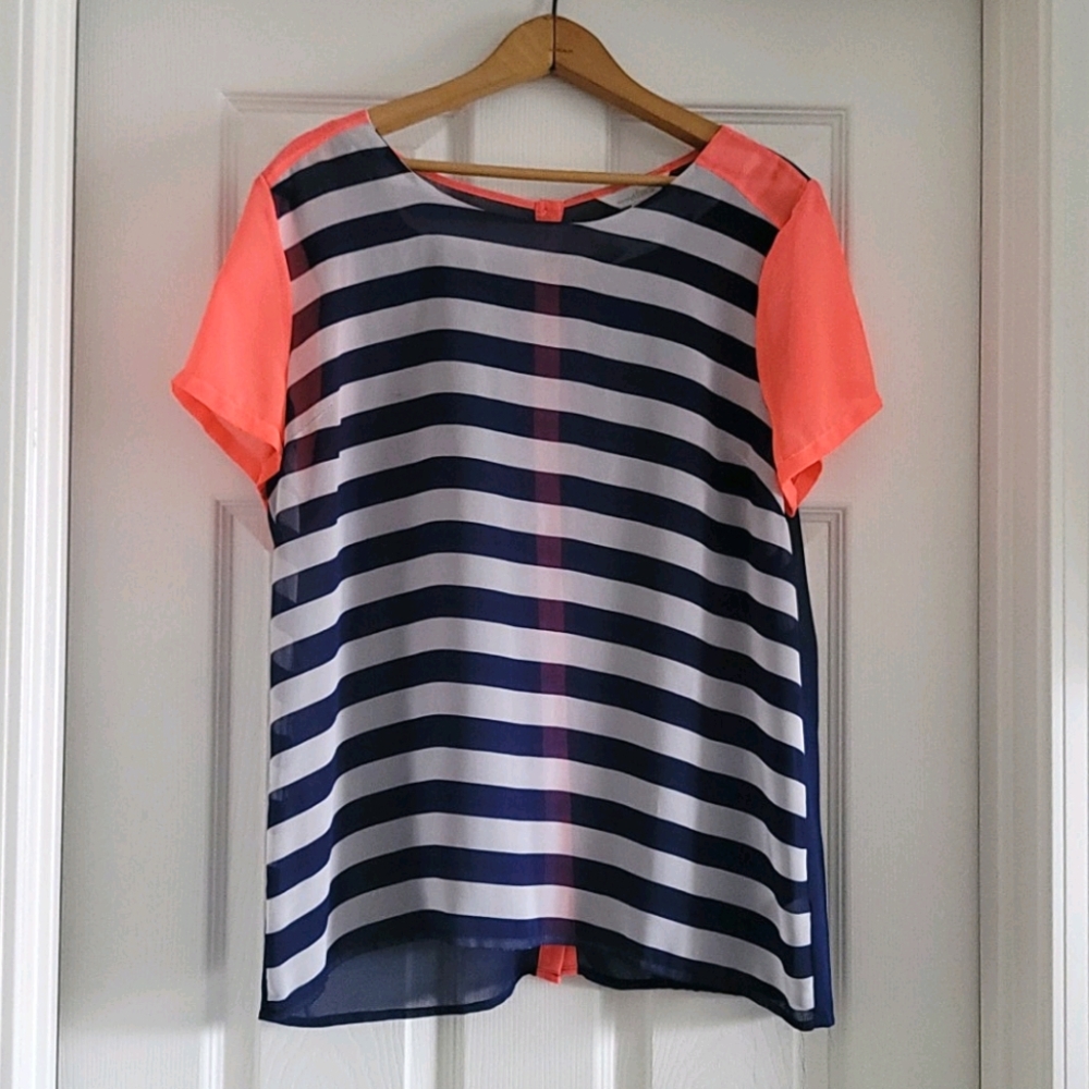 Neon Pink, Navy & White Striped Top